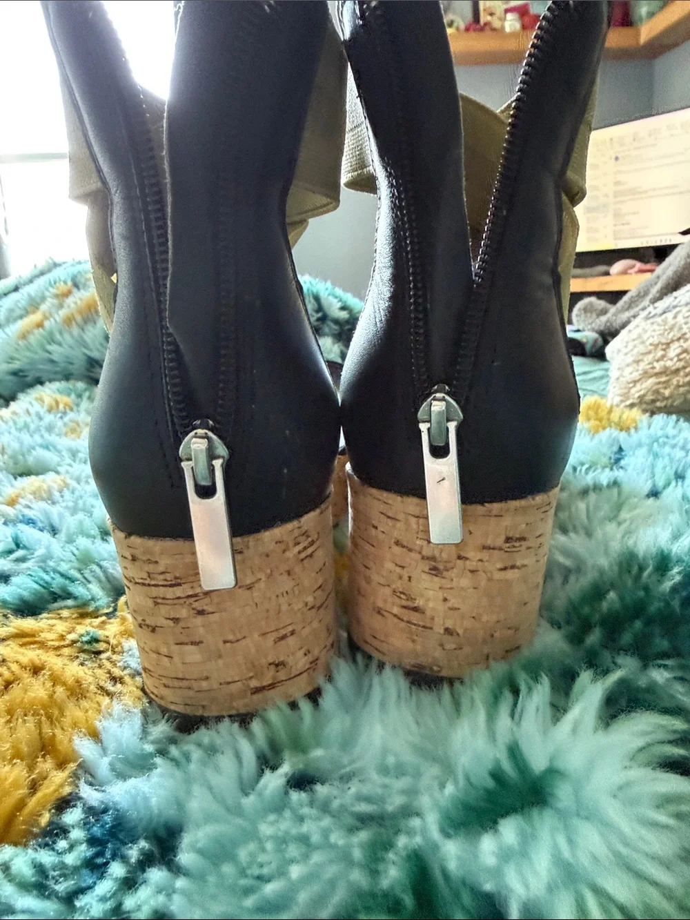 Sorel Black Leather Wedge Sandals with Olive Ankle Wrap